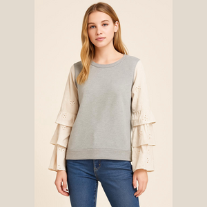 NWOT THML Gray and Cream Eyelet Sleeve Women's Pullover Sweater